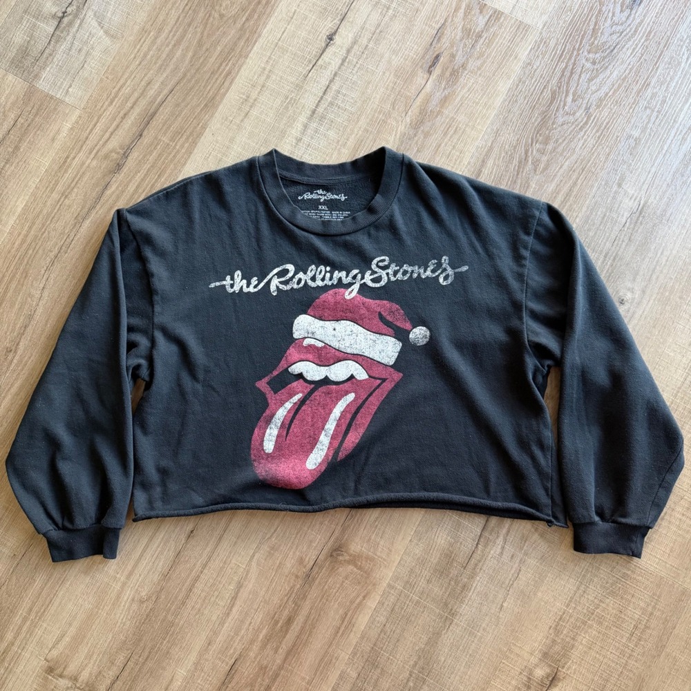 The Rolling Stones Christmas Sweatshirt XXL Black Santa Hat Cropped Graphic Top